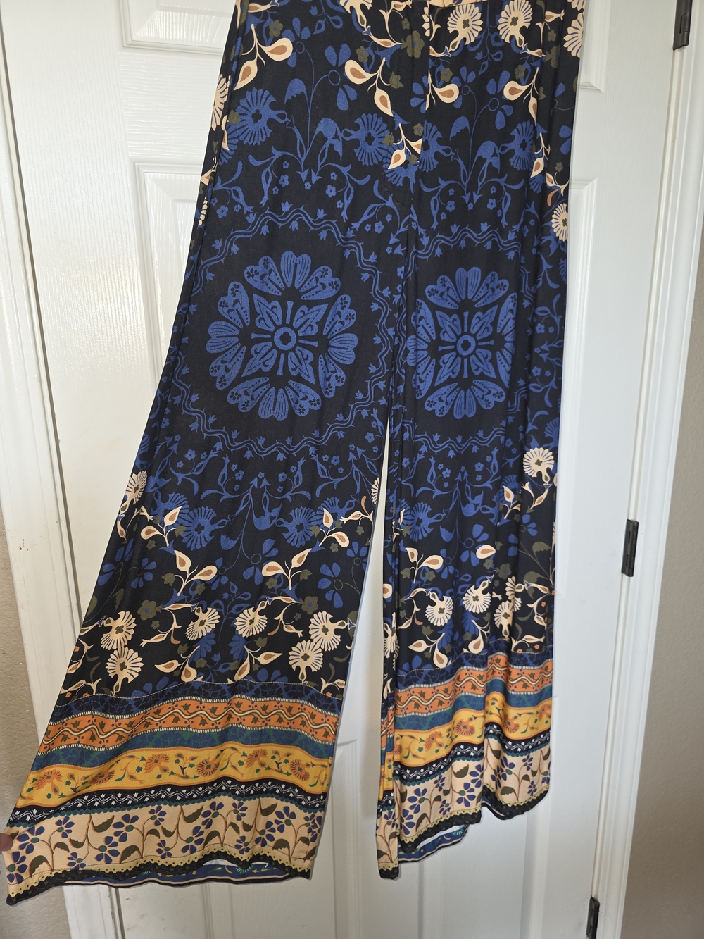 Bohemian Wide-Leg Floral Print Pants - Navy & Orange